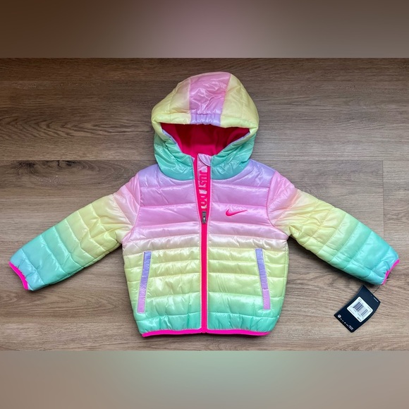 Nike Full-Zip Colorful Puffer Jacket, Pink Yellow Green, Toddler Girl 2T NEW - Picture 1 of 4
